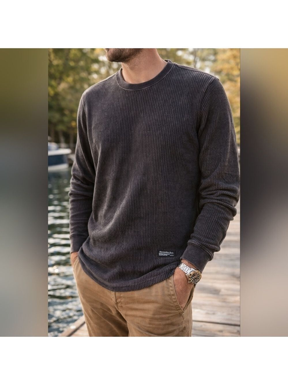 Abercrombie & Fitch Men’s Waffle Knit Long Sleeve Shirt – Classic Fit – Neutral
